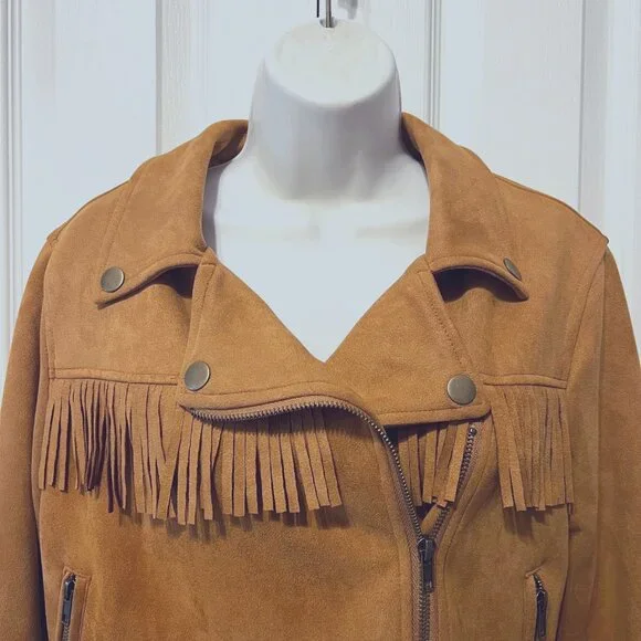 C & V Chelsea & Violet Camel Fringed Faux Suede Cuffed Sleeves-Tan/Camel-Cropped